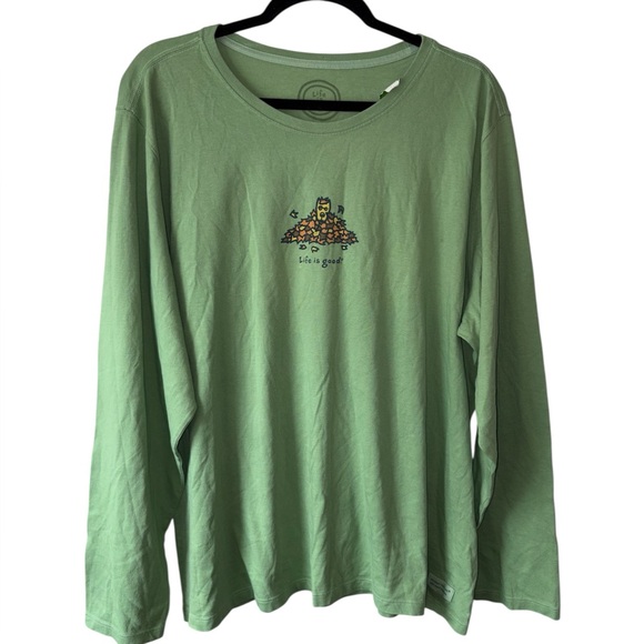NWT Life is Good Women’s XL Long Sleeve Sage Green Dog Autumn Leaves Graphic Tee - Picture 1 of 5